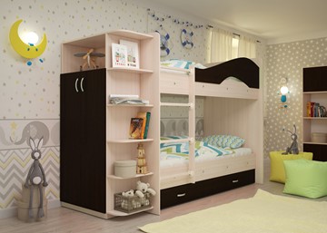 Детская 2-этажная кровать Мая на щитах со шкафом и ящиками, корпус Млечный дуб, фасад Венге в Кемерово