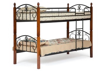 Детская кровать BOLERO двухярусная дерево гевея/металл, 90*200 см (bunk bed), красный дуб/черный в Кемерово