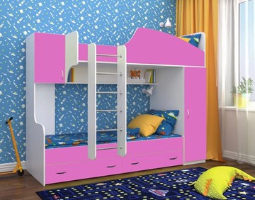 Детская кровать-шкаф Юниор-2, каркас Белое дерево, фасад Розовый в Кемерово