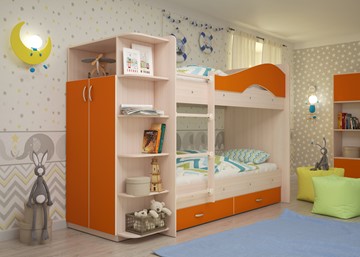 Двухэтажная детская кровать Мая на щитах со шкафом и ящиками, корпус Млечный дуб, фасад Оранжевый в Кемерово