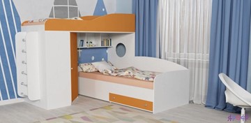 Детская кровать-шкаф Кадет-2 с металлической лестницей, корпус Белое дерево, фасад Оранжевый в Кемерово