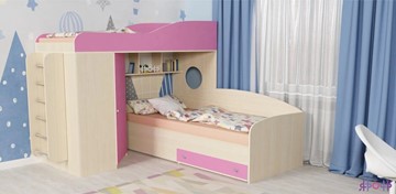 Детская кровать-чердак Кадет-2 с металлической лестницей, корпус Дуб, фасад Розовый в Новокузнецке