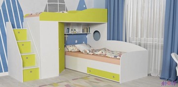 Детская кровать-шкаф Кадет-2 с универсальной лестницей, корпус Белое дерево, фасад Лайм в Кемерово