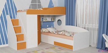 Кровать-чердак детская Кадет-2 с универсальной лестницей, корпус Белое дерево, фасад Оранжевый в Кемерово
