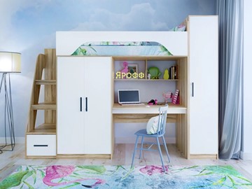 Детская кровать-чердак с шкафом Тея, каркас Ясень, фасад Белый в Новокузнецке