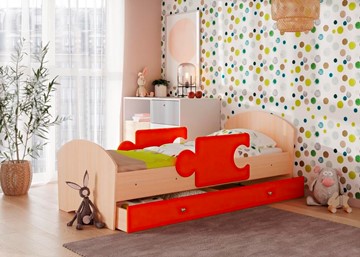 Детская кровать с ящиком и бортиками Мозайка, корпус Млечный дуб/фасад Оранжевый (ламели) в Кемерово