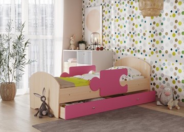 Детская кровать с ящиком и бортиками Мозайка, корпус Млечный дуб/фасад Розовый (ламели) в Кемерово