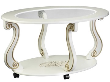 Стеклянный столик в гостиную Овация-С, на колесах, слоновая кость-золото в Кемерово