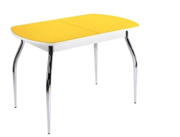Обеденный раздвижной стол ПГ-07 СТ2, белое/желтое стекло/35 хром гнутые металл в Кемерово