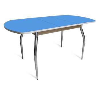 Кухонный раздвижной стол ПГ-02 СТ2, дуб молочный/синие стекло/35 хром гнутые металл в Кемерово