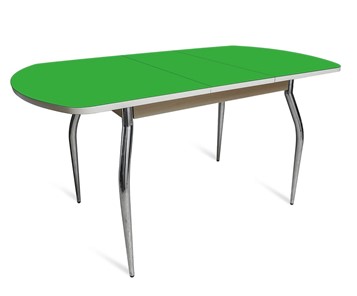Обеденный раздвижной стол ПГ-02 СТ2, дуб молочный/зеленое стекло/35 хром гнутые металл в Кемерово