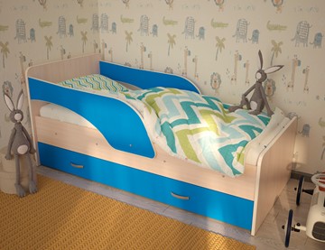 Детская кровать с ящиками Максимка, корпус Млечный дуб, фасад Синий в Кемерово - предосмотр