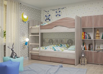 Детская двухэтажная кровать Мая с 2 ящиками на щитах, корпус Шимо светлый, фасад Шимо темный в Кемерово - предосмотр