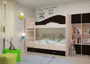 Детская  двухъярусная кровать Мая с 2 ящиками на щитах, корпус Млечный дуб, фасад Венге в Кемерово - предосмотр 1