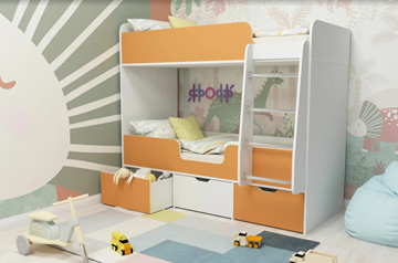 Детская двухэтажная кровать Малыш двойняшка 70х160, корпус Белое дерево, фасад Оранжевый в Кемерово
