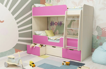 Детская двухъярусная кровать Малыш двойняшка 70х160, корпус Дуб молочный, фасад Розовый в Кемерово