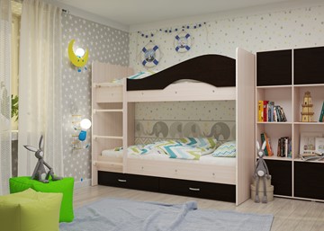 Детская 2-этажная кровать Мая на щитах со шкафом и ящиками, корпус Млечный дуб, фасад Венге в Кемерово - предосмотр 1