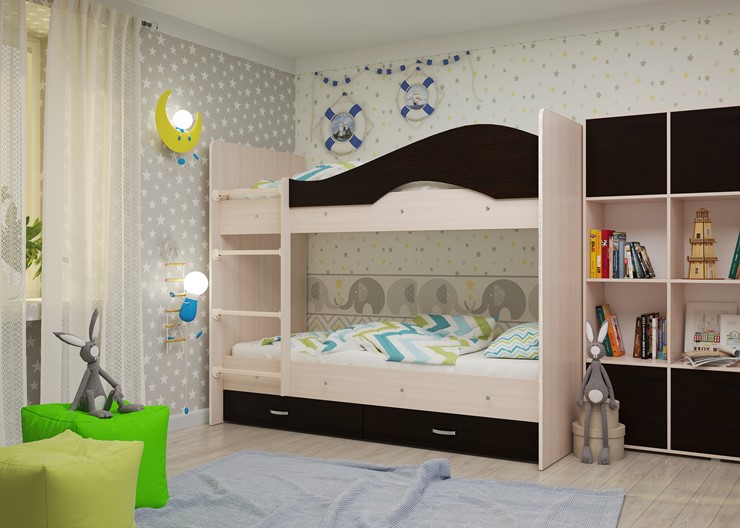 Детская 2-этажная кровать Мая на щитах со шкафом и ящиками, корпус Млечный дуб, фасад Венге в Кемерово - изображение 1
