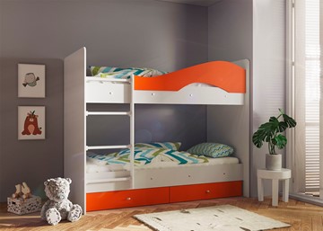 Кровать 2-ярусная Мая с 2 ящиками на щитах, корпус Млечный дуб, фасад Оранжевый в Кемерово - предосмотр