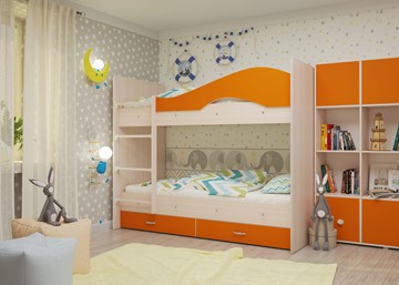 Кровать 2-ярусная Мая с 2 ящиками на щитах, корпус Млечный дуб, фасад Оранжевый в Кемерово - предосмотр 3
