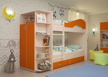Кровать 2-ярусная Мая с 2 ящиками на щитах, корпус Млечный дуб, фасад Оранжевый в Кемерово - предосмотр 1