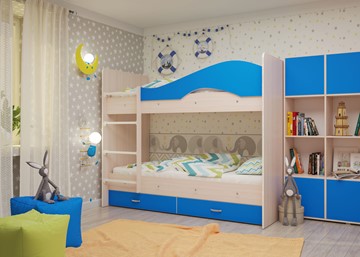 Двухъярусная кровать Мая с 2 ящиками на щитах, корпус Млечный дуб, фасад Синий в Кемерово - предосмотр 3