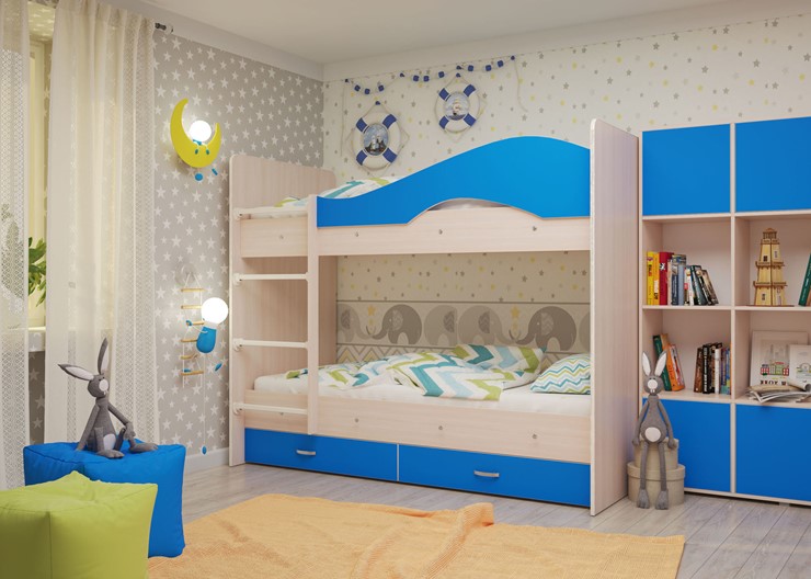 Двухъярусная кровать Мая с 2 ящиками на щитах, корпус Млечный дуб, фасад Синий в Кемерово - изображение 3