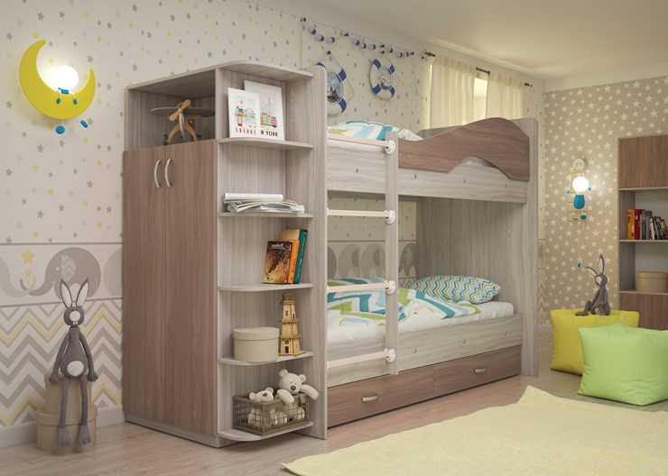 Детская двухэтажная кровать Мая с 2 ящиками на щитах, корпус Шимо светлый, фасад Шимо темный в Кемерово - изображение 1