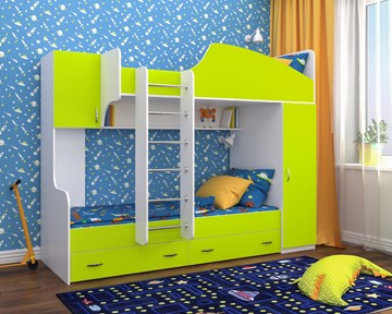 Детская 2-этажная кровать Юниор-2, каркас Белое дерево, фасад Лайм в Кемерово - предосмотр