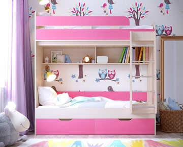 Детская двухэтажная кровать Юниор-5, каркас Дуб, фасад Розовый в Кемерово