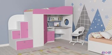 Детская кровать-чердак Кадет-1, корпус Белое дерево, фасад Розовый в Кемерово - предосмотр
