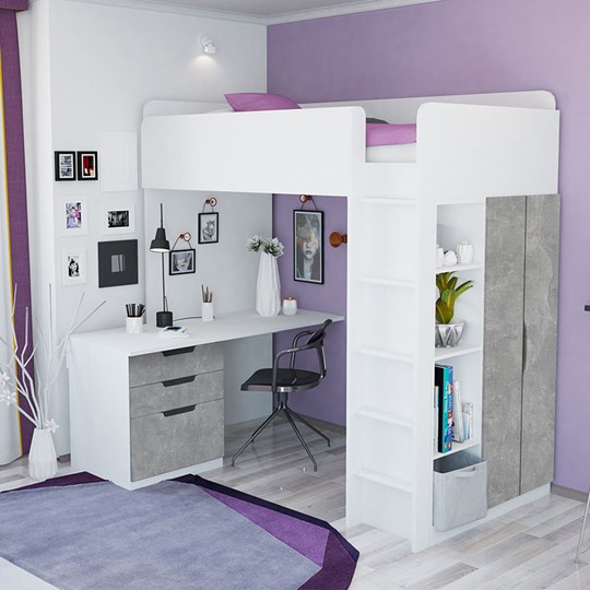 Кровать 2-х ярусная с письменным столом и шкафом POLINI Kids Simple Белый / Бетон в Кемерово - изображение 1