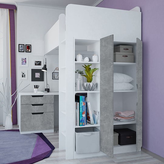 Кровать 2-х ярусная с письменным столом и шкафом POLINI Kids Simple Белый / Бетон в Кемерово - изображение 2
