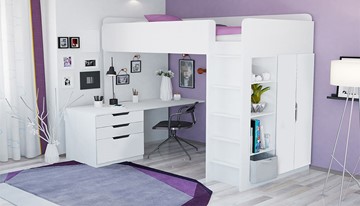 Кровать 2-х ярусная с письменным столом и шкафом POLINI Kids Simple Белый в Кемерово - предосмотр 1