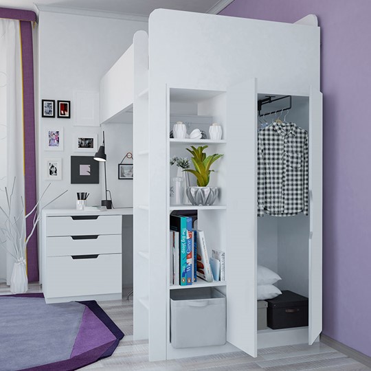 Кровать 2-х ярусная с письменным столом и шкафом POLINI Kids Simple Белый в Кемерово - изображение 3