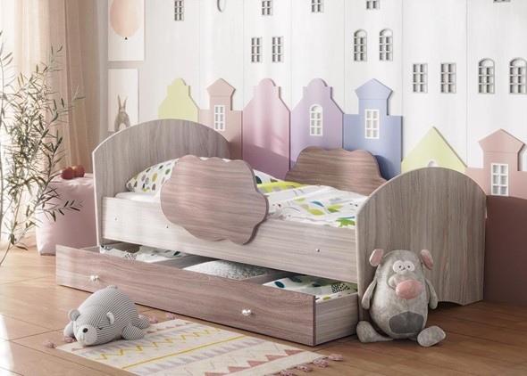 Детская кровать Тучка с ящиком, корпус Ясень Шимо светлый, фасад Ясень Шимо темный в Кемерово - изображение