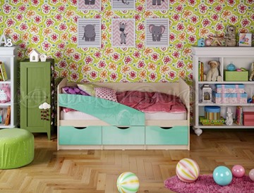 Кровать в детскую Бабочки 800*1600, Бирюза глянец в Кемерово