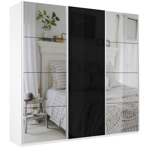 Шкаф 3-створчатый Широкий Прайм (2 Зеркала / Стекло черное) 2400x570x2300, Белый Снег в Кемерово
