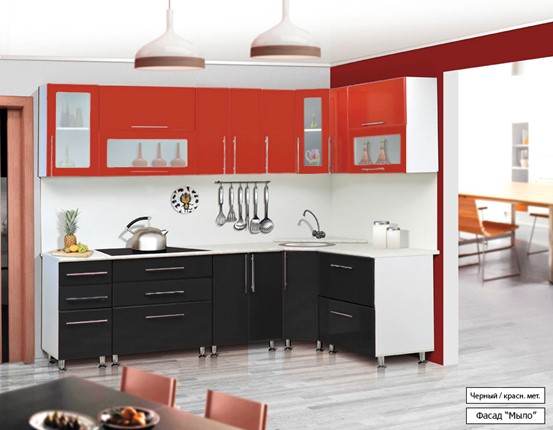Угловая кухня Мыло 224 2600х1600, цвет Черный/Красный металлик в Кемерово - изображение