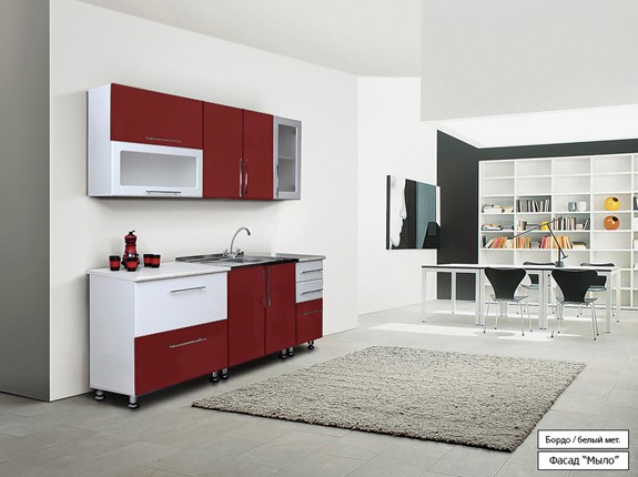 Гарнитур на кухню Мыло 224 2000х718, цвет Бордо/Белый металлик в Кемерово - изображение