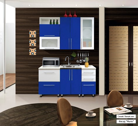 Гарнитур на кухню Мыло 224 1600х718, цвет Синий/Белый металлик в Кемерово - изображение