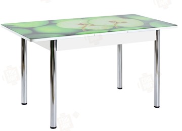 Кухонный стол раскладной Айсберг-02 СТФ, белое лдсп/зеленые яблоки/ноги хром прямые в Кемерово