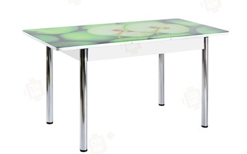 Кухонный стол раздвижной Айсберг-01 СТФ, белый/фотопечать зеленые яблоки/ноги хром круглые в Кемерово