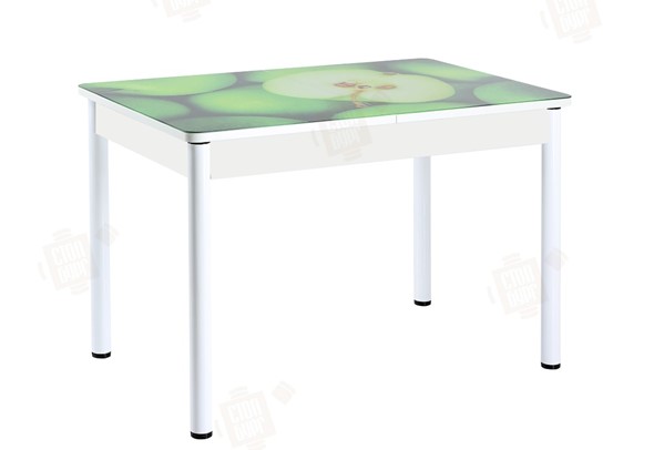 Кухонный раскладной стол Айсберг-01 СТФ, белый/фотопечать зеленые яблоки/ноги крашеные в Кемерово - изображение