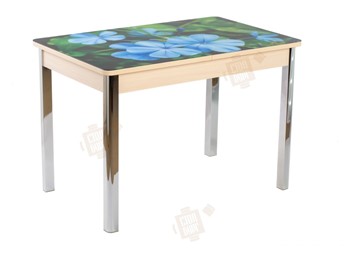 Кухонный стол раскладной Айсберг-01 СТФ, дуб/фотопечать фиалка/ноги хром квадратные в Кемерово