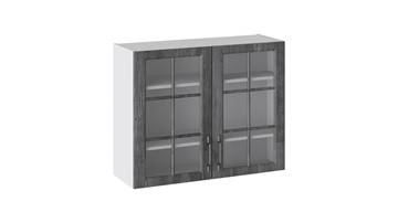 Навесной кухонный шкаф Прованс (Белый глянец/Санторини темный) со стеклом В_72-90_2ДРс в Кемерово